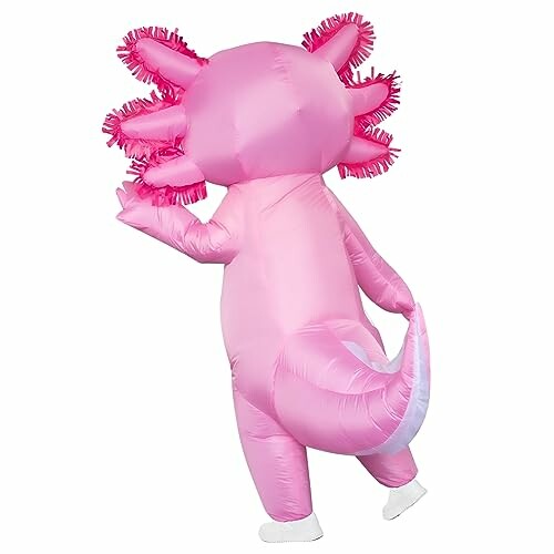 Person in pink inflatable axolotl costume.