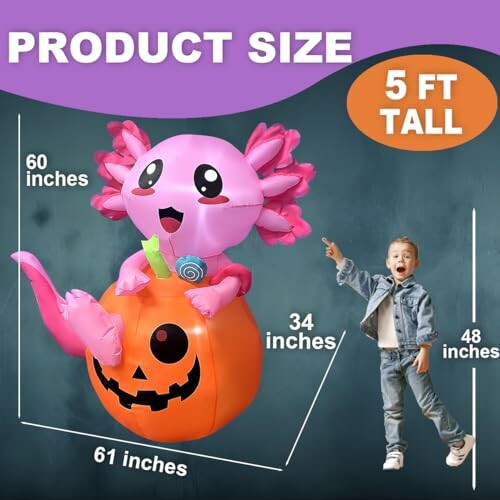 Inflatable pink axolotl on a pumpkin, 5 feet tall, with measurements.