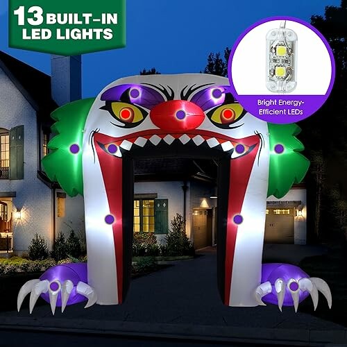 Inflatable clown decoration with LED lights in front of a house.