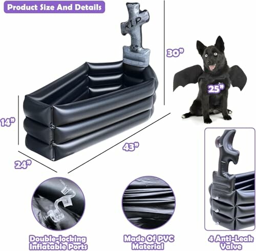 Inflatable coffin cooler with dog in bat wings and product details.