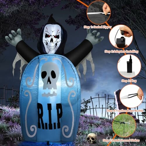 Inflatable ghost decoration for Halloween with installation steps.