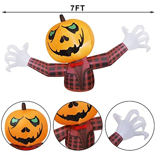 Inflatable pumpkin with plaid shirt and outstretched arms, 7 feet tall.