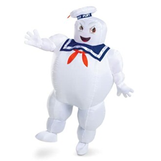 Inflatable costume of a marshmallow man with a sailor hat and scarf.