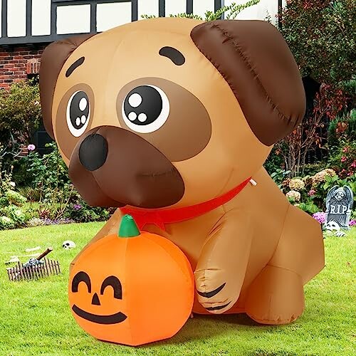 Inflatable pug dog Halloween decoration holding a pumpkin with a smiling face.