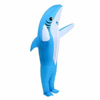 Inflatable blue shark costume standing upright