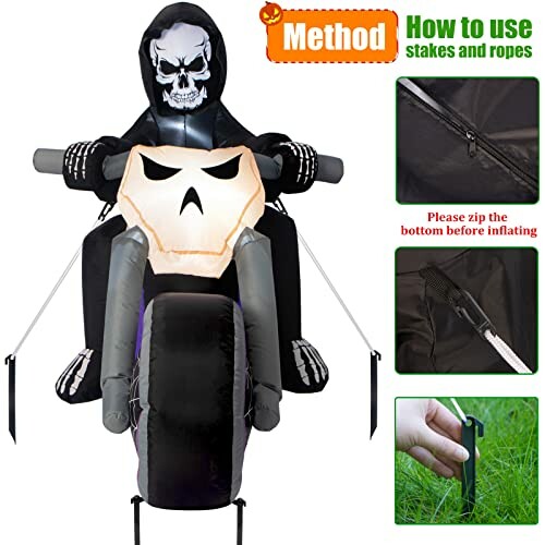 Inflatable skeleton on a motorcycle with setup instructions.