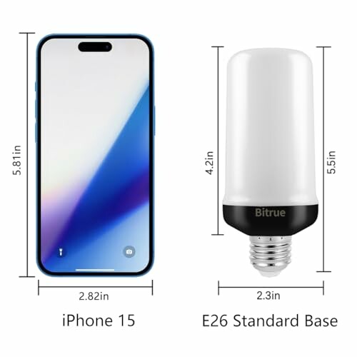 Size comparison of iPhone 15 and E26 standard base bulb.