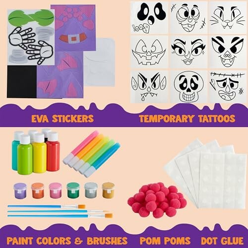 Assorted kids craft supplies including EVA stickers, temporary tattoos, paint colors, brushes, pom poms, markers, and dot glue.