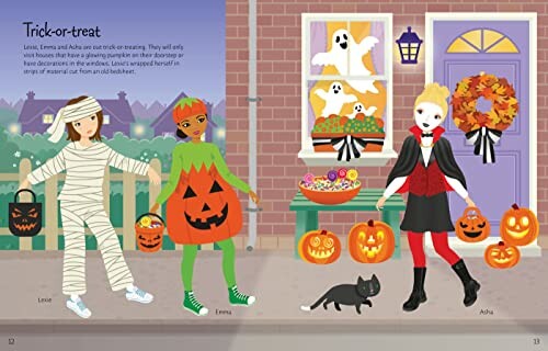 Children in Halloween costumes: a mummy, a pumpkin, and a vampire, standing on a decorated porch with pumpkins and candy.