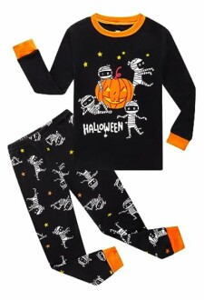 Kids Halloween pajamas with mummy and pumpkin design