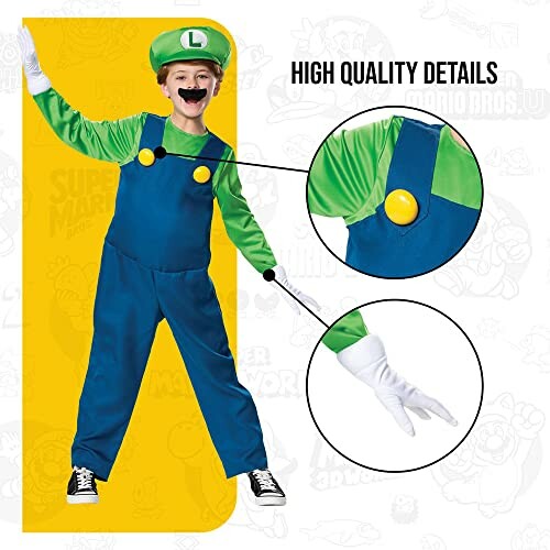 Child wearing Luigi costume with high quality details highlighted.