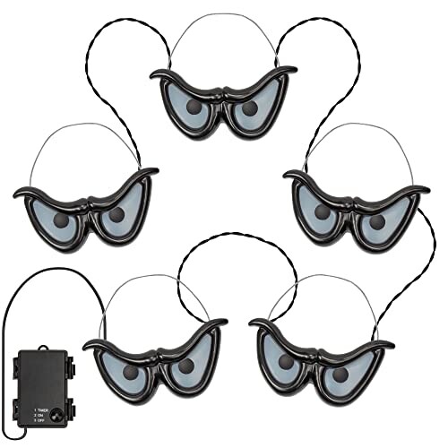 Five pairs of LED glasses with attached wires and a control box.