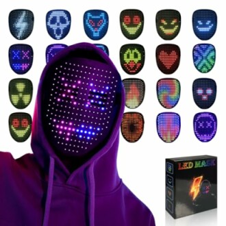 LED mask displaying colorful emoji faces with packaging box.