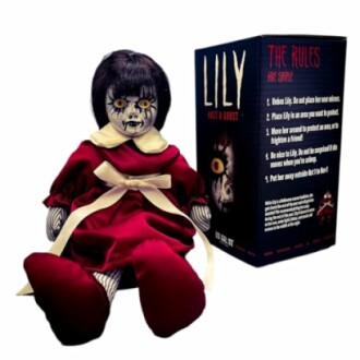 Lily haunted doll with box displaying rules.