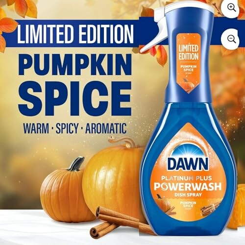 Limited edition Dawn Pumpkin Spice dish spray with pumpkins and cinnamon sticks.