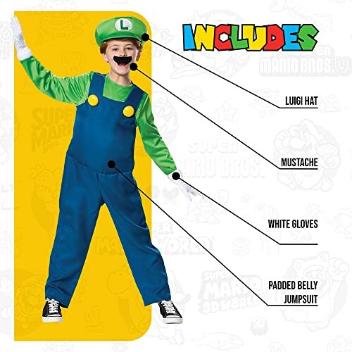 Child wearing Luigi costume with hat, mustache, white gloves, and padded jumpsuit.