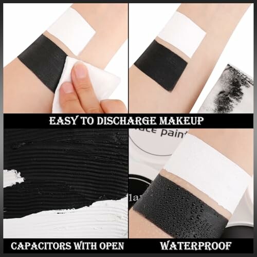 Comparison of makeup removal showing easy discharge and waterproof properties on skin.