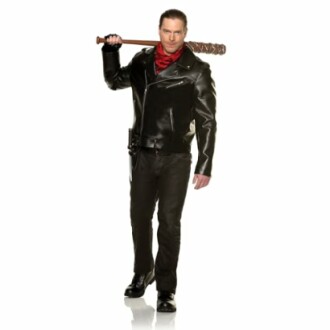 Man in black leather jacket holding a bat.