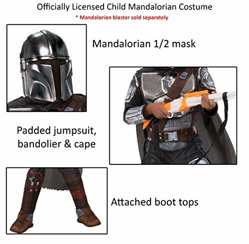 Child wearing a Mandalorian costume with helmet, padded jumpsuit, and boot tops.