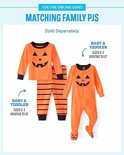 Matching family pajamas with pumpkin designs for babies and toddlers.