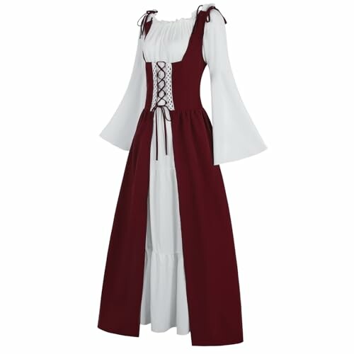 Medieval burgundy and white dress with corset details.