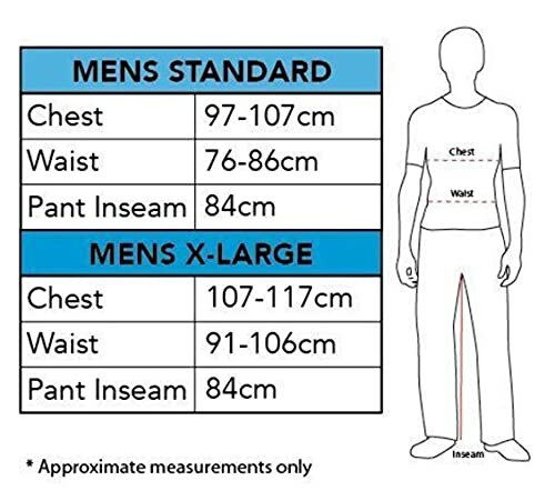 Men's size chart with measurements for standard and X-large sizes.