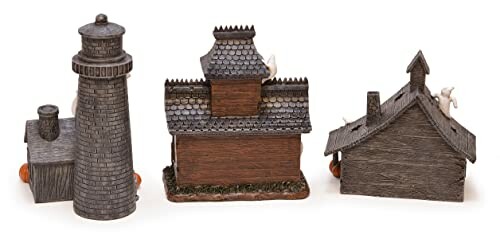 Miniature lighthouse and buildings with rustic design.