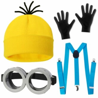 Minion costume accessories including yellow beanie, gloves, goggles, and suspenders.