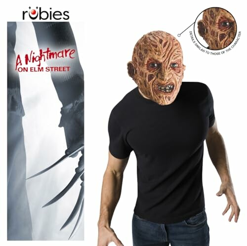 Man wearing a detailed Freddy Krueger mask from A Nightmare on Elm Street.