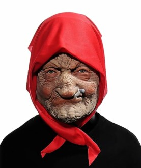 Realistic old woman mask with red hood