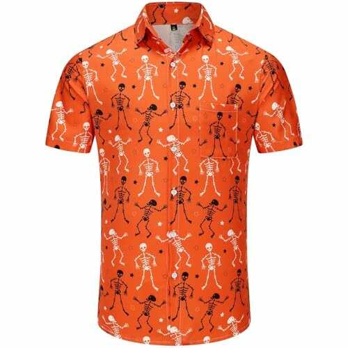 Orange shirt with black and white skeleton pattern