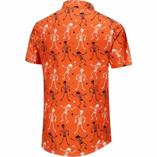 Orange shirt with black and white dancing skeleton print