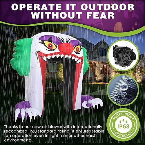 Scary clown inflatable decoration with IP68 rated fan for outdoor use.