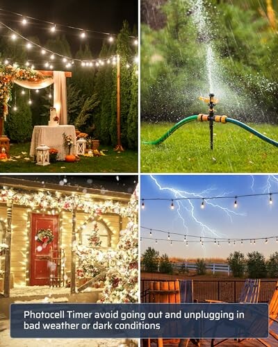 Outdoor scenes with string lights, a sprinkler, and lightning.