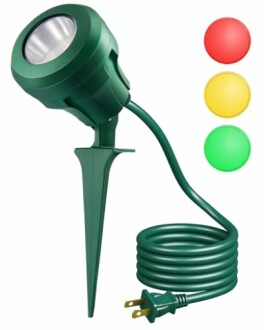 Green outdoor spotlight with red, yellow, and green filters.