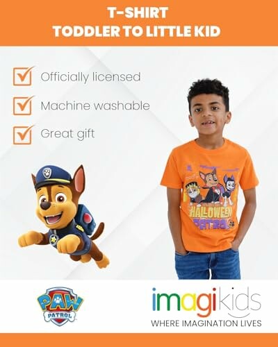 Child wearing Paw Patrol Halloween t-shirt with character graphic.