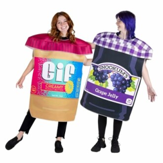 Two people in peanut butter and jelly costumes.