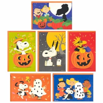 Peanuts Halloween-themed illustrations featuring Snoopy, Charlie Brown, and other characters with pumpkins and costumes.