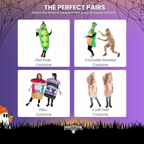 Four group costume ideas: Pea Pods, Crocodile Wrestler, PB&J, and 2 Left Feet.