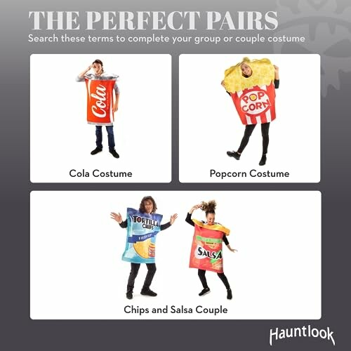 Group costume ideas featuring Cola, Popcorn, and Chips and Salsa outfits.