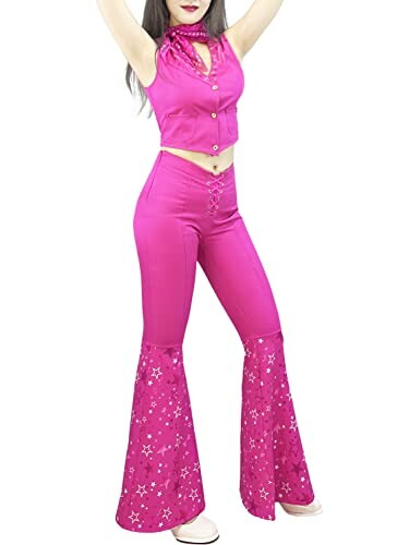 Woman wearing a pink 70s disco costume with bell-bottom pants.