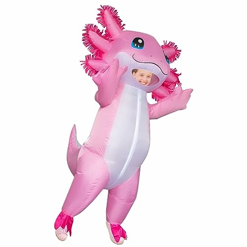 Inflatable pink axolotl costume with a smiling face.