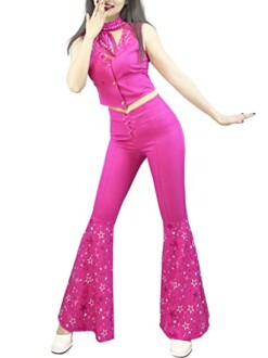 Person wearing pink disco-style outfit with flared pants