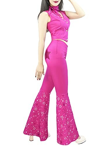 Person wearing a pink disco-style outfit with flared pants and sleeveless top.