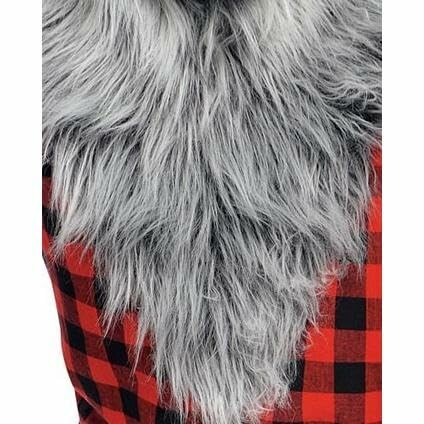 Gray faux fur over red and black plaid shirt