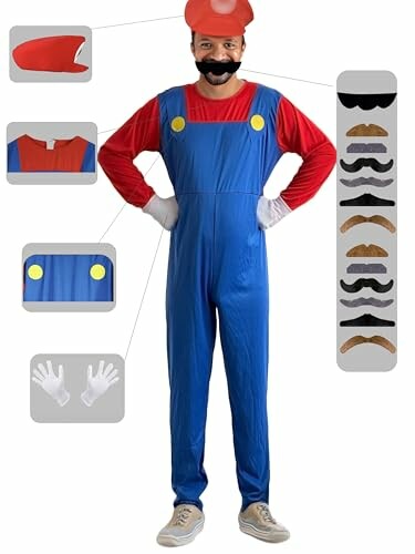 Person wearing blue overalls and red shirt costume with various mustache options.