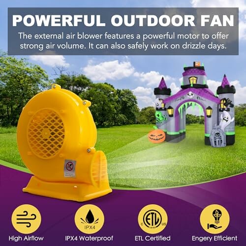 Yellow air blower with a castle-shaped inflatable, featuring highlights of high airflow, IPX4 waterproof, ETL certified, and energy efficient.