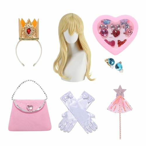 Collection of princess costume accessories including a crown, wig, jewelry set, handbag, gloves, and wand.