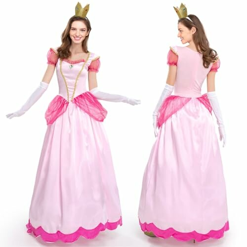 Woman in a pink princess costume with crown, front and back view.