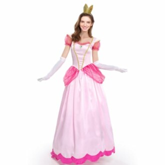 Woman in a pink princess costume with crown and gloves.